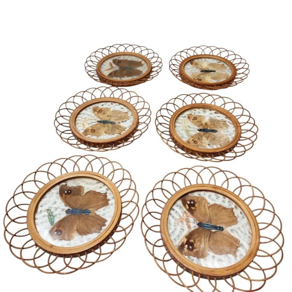 Set of 6 Vintage 1970's Round Pressed Butterfly Bamboo Coasters Bohemian Nature